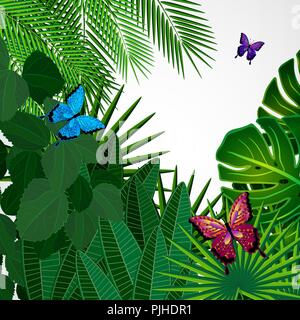 Tropische Blätter mit Schmetterlingen. Floral Design Hintergrund. Stock Vektor