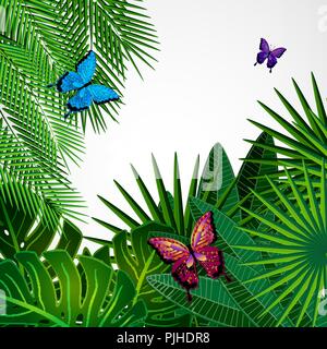Tropische Blätter mit Schmetterlingen. Floral Design Hintergrund. Stock Vektor