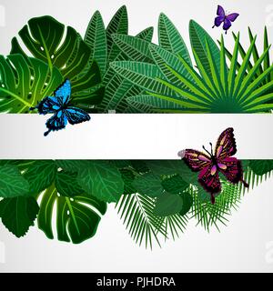 Tropische Blätter mit Schmetterlingen. Floral Design Hintergrund. Stock Vektor