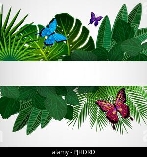 Tropische Blätter mit Schmetterlingen. Floral Design Hintergrund. Stock Vektor