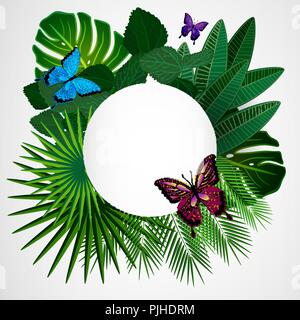 Tropische Blätter mit Schmetterlingen. Floral Design Hintergrund. Stock Vektor