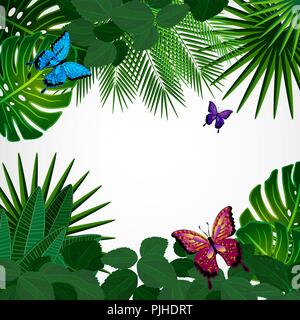 Tropische Blätter mit Schmetterlingen. Floral Design Hintergrund. Stock Vektor