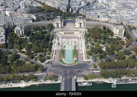 Trocadero Gärten, Blick vom Eiffelturm, Paris Im Herbst, Paris, Frankreich, 03. September 2018, Foto von Richard Goldschmidt Stockfoto