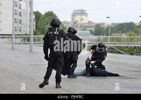 Polizei BRI (Polizei der Präfektur von Paris während des Betriebs auf dem Gelände des Francois Mitterrand Bibliothek in Paris), Frankreich Stockfoto