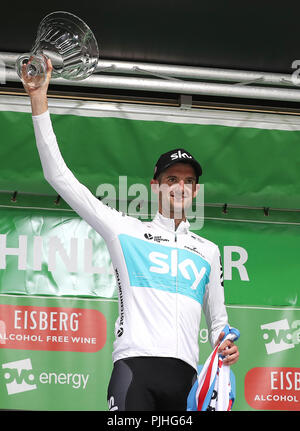 Das Team Sky Wout Poels feiert den Gewinn der Bühne, nach Stufe 6 der Ovo Energy Tour von Großbritannien 2018 von Barrow-in-Furness zu Whinlatter Pass. Stockfoto