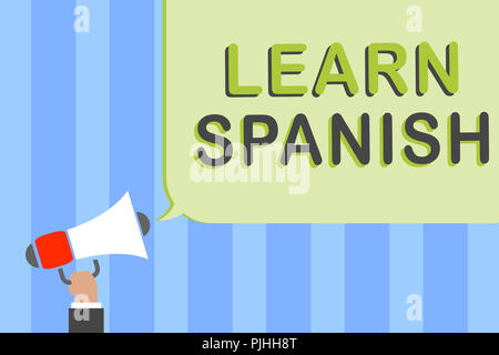 Schreiben Hinweis Übersicht Spanisch lernen. Business foto Präsentation Übersetzung Sprache in Spanien Vokabular Dialekt Rede Mann mit Megaphon loudspeake Stockfoto