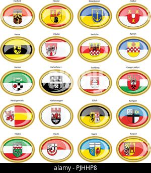 Reihe von Icons. Flaggen der deutschen Städten (Nordrhein-Westfalen). Vektor. 3D. Stock Vektor