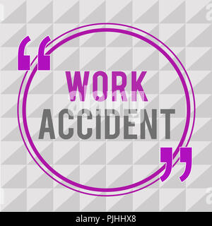 Konzeptionelle Hand schreiben Übersicht Arbeitsunfall. Business Foto Text Fehler Schädigung geschah im Auftrag verletzt. Stockfoto