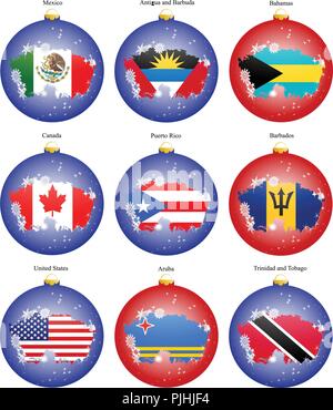 Reihe von Icons. Christbaum Kugeln mit den Flaggen der Nord- und Mittelamerika. Vektor. 3D. Stock Vektor