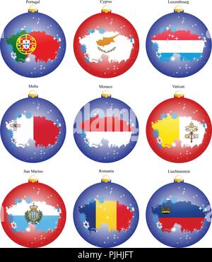 Reihe von Icons. Christbaum Kugeln mit Flaggen von Europa. Vektor. 3D. Stock Vektor