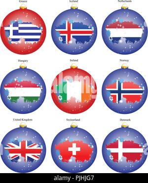 Reihe von Icons. Christbaum Kugeln mit Flaggen von Europa. Vektor. 3D. Stock Vektor