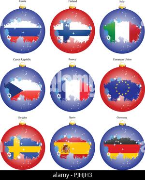 Reihe von Icons. Christbaum Kugeln mit Flaggen von Europa. Vektor. 3D. Stock Vektor