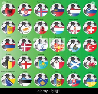 Reihe von Icons. Flaggen von Europa mit Fußball. Stock Vektor