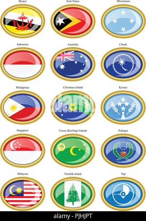 Reihe von Icons. Flaggen von Indo-Australian Archipel und Mikronesien. Stock Vektor
