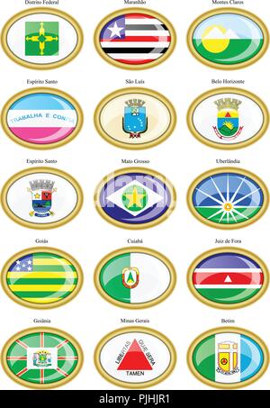 Reihe von Icons. Flaggen der brasilianischen Bundesstaaten und Städte. Stock Vektor