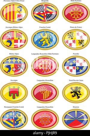 Reihe von Icons. Regionen von Frankreich Fahnen. Stock Vektor
