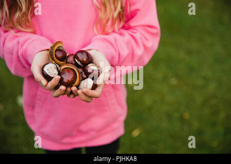 Nahaufnahme der eine nicht erkennbare kleine Mädchen stehen vor der Tür. Das kleine Mädchen hat ihre Hände legte gemeinsam mit einer Handvoll conkers. Stockfoto