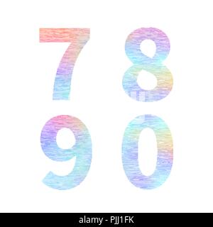 Moderne 7 8 9 0 Briefe mit farbenfrohen holografische Folie Textur auf Weiß Stock Vektor