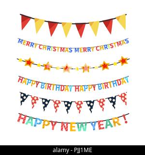 Satz von farbenfrohen Bunting und Girlanden isoliert auf weißem Stock Vektor