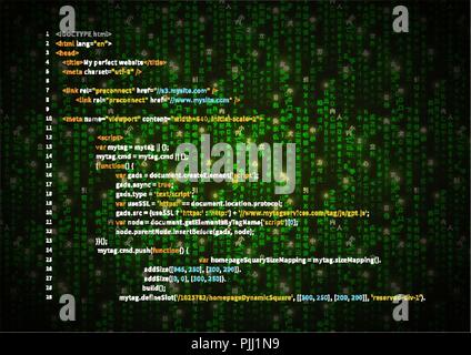 Einfache HTML-Code auf Grün matrix Symbole, binären Code auf dunklen Stock Vektor
