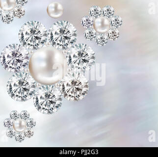 Abstrakte pearl Hintergrund mit schimmerndem Perlmutt cloud Blur in Lila, Pink und Blau azure Farben mit Diamond und Pearl rosette Schmuck Stockfoto