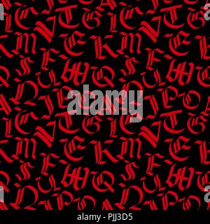Alten roten gotischen Buchstaben auf schwarz, Kalligraphie nahtlose Muster Stock Vektor
