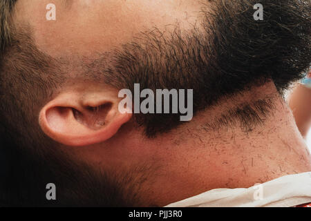 Ein junger gut aussehender bärtiger Mann in einem Friseursalon. Der Friseur zeigt, wie die Haare zu schneiden. Stockfoto