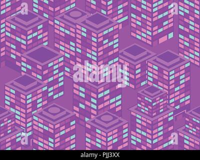 Wolkenkratzer nahtlose Muster. Isometrische Stadt Gebäude, Metropole. Neon farbe im Stil der 80er Jahre. Vector Illustration Stock Vektor
