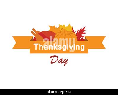 Happy Thanksgiving Day. Feier Banner mit Kürbis, Türkei und Farbband auf weißem Hintergrund. Blätter im Herbst. Vector Illustration Stock Vektor