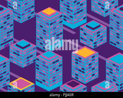 Wolkenkratzer nahtlose Muster. Isometrische Stadt Gebäude, Metropole. Neon farbe im Stil der 80er Jahre. Vector Illustration Stock Vektor