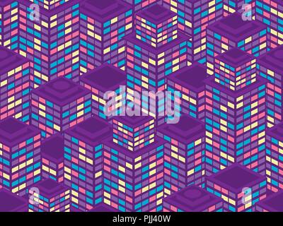 Wolkenkratzer nahtlose Muster. Isometrische Stadt Gebäude, Metropole. Neon farbe im Stil der 80er Jahre. Vector Illustration Stock Vektor