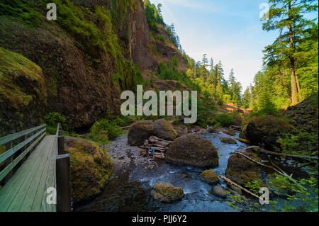 Wandern entlang Tanner Creek zu Wahcella fällt in der Columbia River Gorge. Menschen gehen entlang des Baches unterhalb der Fußgängerbrücke. Stockfoto