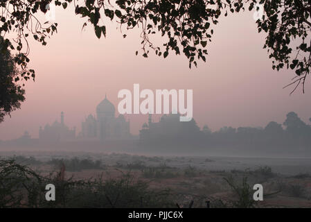 Taj Mahal die Wunder der Welt und der Stolz von Indien im Winter früh morgens warmes Licht und Dunst mit einem trockenen Bett von Yamuna Fluss im Vordergrund. Stockfoto