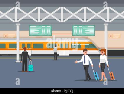 Geschäftsleute in der modernen Bahnhof Plattform. Öffentliche Verkehrsmittel Konzept. Stock Vektor