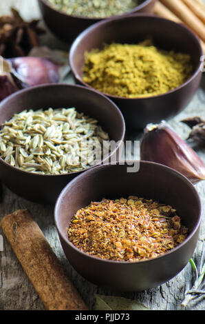 Gewürze auf Holz- Hintergrund. Paprika, Curry, Fenchel und anderen auf hölzernen Hintergrund Stockfoto