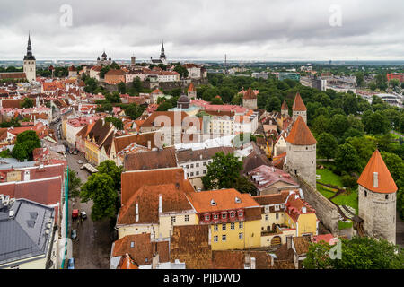 Atemberaubende Luftaufnahme der mittelalterlichen Türme und die Altstadt von Tallinn, Estland, von der Oberseite des St. Olav's Church Bell Tower Stockfoto