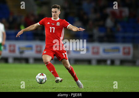 Cardifff, UK. 6. September 2018. Tom Lawrence von Wales in Aktion. UEFA Nationen Liga Match, Wales v in der Republik Irland an der Cardiff City Stadium in Cardiff, South Wales, das am Donnerstag, 6. September 2018. Bild von Andrew Obstgarten/Alamy leben Nachrichten Stockfoto