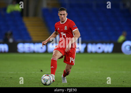 Cardifff, UK. 6. September 2018. Connor Roberts von Wales in Aktion. UEFA Nationen Liga Match, Wales v in der Republik Irland an der Cardiff City Stadium in Cardiff, South Wales, das am Donnerstag, 6. September 2018. Bild von Andrew Obstgarten/Alamy leben Nachrichten Stockfoto