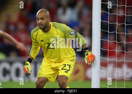 Cardifff, UK. 6. September 2018. Darren Randolph, der Torwart der Republik Irland in Aktion. UEFA Nationen Liga Match, Wales v in der Republik Irland an der Cardiff City Stadium in Cardiff, South Wales, das am Donnerstag, 6. September 2018. Bild von Andrew Obstgarten/Alamy leben Nachrichten Stockfoto