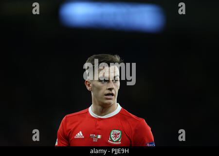 Cardifff, UK. 6. September 2018. Tom Lawrence von Wales. UEFA Nationen Liga Match, Wales v in der Republik Irland an der Cardiff City Stadium in Cardiff, South Wales, das am Donnerstag, 6. September 2018. Bild von Andrew Obstgarten/Alamy leben Nachrichten Stockfoto