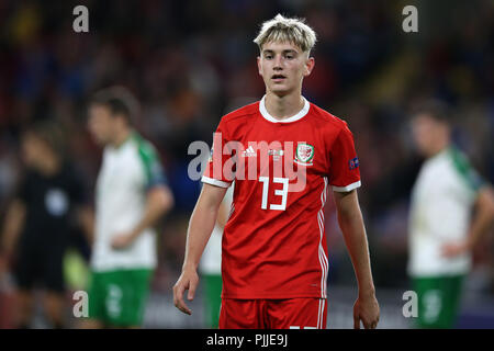 Cardifff, UK. 6. September 2018. David Brooks von Wales. Die UEFA Nationen Liga Match, Wales v in der Republik Irland an der Cardiff City Stadium in Cardiff, South Wales, das am Donnerstag, 6. September 2018. Bild von Andrew Obstgarten/Alamy leben Nachrichten Stockfoto