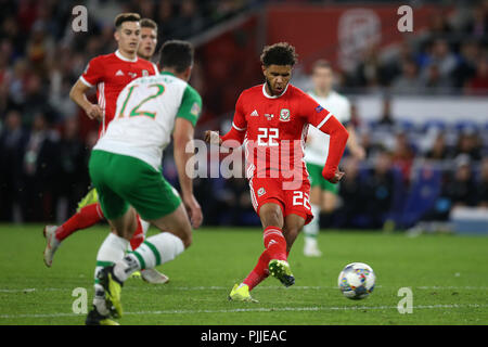 Cardifff, UK. 6. September 2018. Tyler Roberts von Wales in Aktion. UEFA Nationen Liga Match, Wales v in der Republik Irland an der Cardiff City Stadium in Cardiff, South Wales, das am Donnerstag, 6. September 2018. Bild von Andrew Obstgarten/Alamy leben Nachrichten Stockfoto