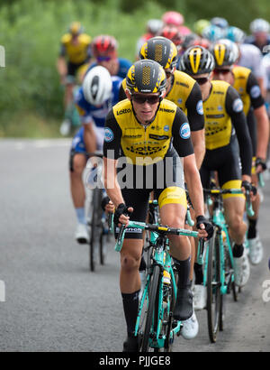 Furness, Großbritannien. 7. September 2018. koen Bouwman, Team Lotto NI Jumbo das Tempo an der Spitze des peleton, wie sie in der Pause über den Gipfel von Nest Braue, Keswick zu Haspel versuchen. Credit: Stephen Fleming/Alamy leben Nachrichten Stockfoto