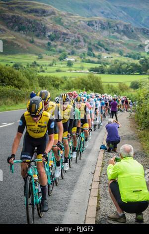 Furness, Großbritannien. 7. September 2018. koen Bouwman, Team Lotto NI Jumbo das Tempo an der Spitze des peleton, wie sie in der Pause über den Gipfel von Nest Braue, Keswick zu Haspel versuchen. Credit: Stephen Fleming/Alamy leben Nachrichten Stockfoto