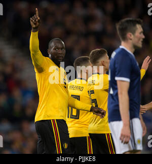 Hampden Park, Glasgow, UK. 7. Sep 2018. Internationaler Fußball-freundlich, Schottland gegen Belgien; Leigh Griffiths von Schottland feiert nach dem Scoring für 0-1 in der 28. Minute Credit: Aktion plus Sport/Alamy leben Nachrichten Stockfoto