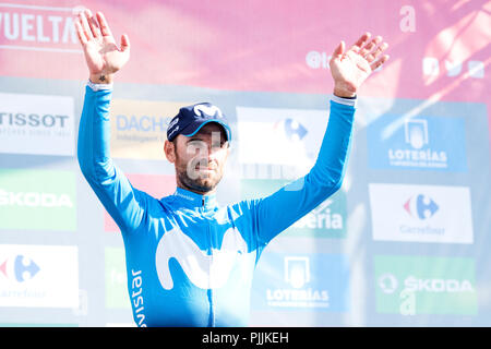 Sabero, Spanien. 7. September 2018. Alejandro Valverde (Movistar Team) auf dem Podium wie Leader der Punkte classificaton während der 13. Stufe der Spanische Radrennen "Vuelta a Espana" zwischen Candas und La Camperona klettern auf sptember 7, 2018 in Sabero, Spanien. © David Gato/Alamy leben Nachrichten Stockfoto