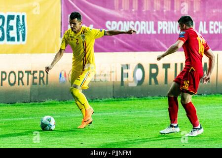 Ploiesti, Rumänien. 7. September 2018. Romario Benzar #2 (Rumänien) während der Fußball, UEFA Nationen Liga 2019, Finale, Spiel zwischen den nationalen Teams von Rumänien (ROU) und Montenegro (MNE) am Ilie Oana Stadion, Ploiesti, Rumänien ROU. Foto: Catalin Soare Credit: Cronos/Alamy leben Nachrichten Stockfoto