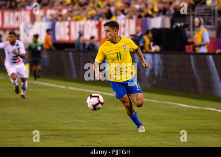 East Rutherford, NJ, USA. 7. September 2018. Philippe Coutinho (11) mit viel Platz, in der Nähe der Zeile tippen. © Ben Nichols/Alamy leben Nachrichten Stockfoto