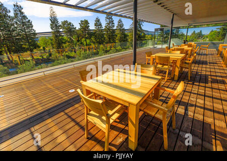 Cupertino, CA, Vereinigte Staaten - 12. August 2018: Dachterrasse von Apple Park Visitor Center mit Blick auf die neue futuristische Apple Hauptsitz mit Campus. Silicon Valley, South San Francisco Bay Area. Stockfoto