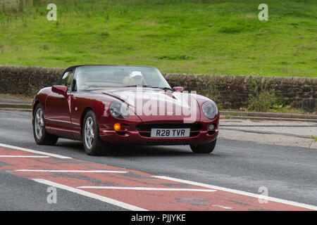 1998 Red TVR Chimaera Base Classic, Oldtimer, Veteranen, Autos von gestern, restaurierte Sammlerstücke bei der Hoghton Tower Car Rally, Großbritannien Stockfoto